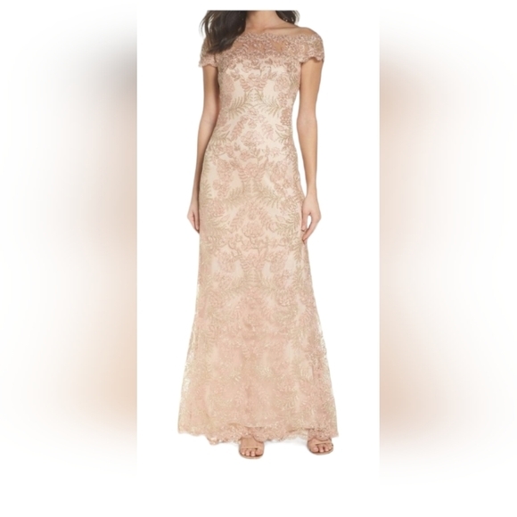 Tadashi Shoji Embroidered gown Women's Size 12 Pink/Gold - Picture 1 of 12